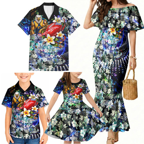Personalized West Coast Eagles Football Family Matching Mermaid Dress and Hawaiian Shirt Tropical Hibiscus Flowers - Pacific Fusion Style
