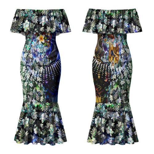 Personalized West Coast Eagles Football Family Matching Mermaid Dress and Hawaiian Shirt Tropical Hibiscus Flowers - Pacific Fusion Style