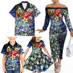 Personalized West Coast Eagles Football Family Matching Off The Shoulder Long Sleeve Dress and Hawaiian Shirt Tropical Hibiscus Flowers - Pacific Fusion Style