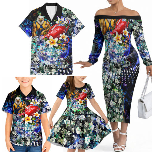 Personalized West Coast Eagles Football Family Matching Off The Shoulder Long Sleeve Dress and Hawaiian Shirt Tropical Hibiscus Flowers - Pacific Fusion Style
