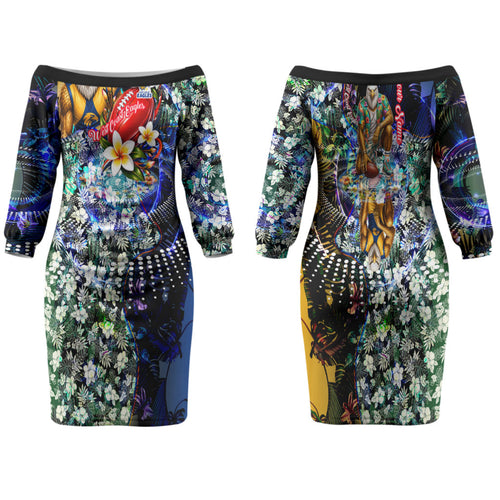 Personalized West Coast Eagles Football Family Matching Off The Shoulder Long Sleeve Dress and Hawaiian Shirt Tropical Hibiscus Flowers - Pacific Fusion Style