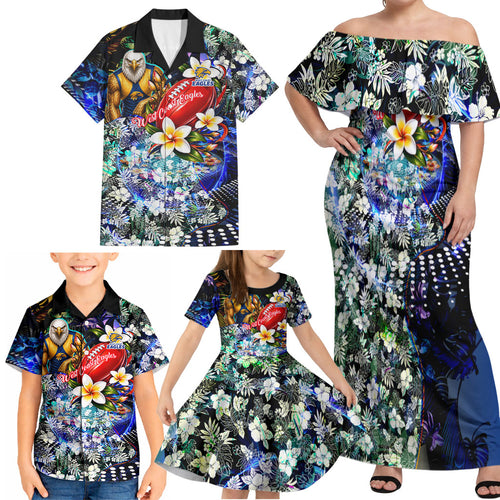 Personalized West Coast Eagles Football Family Matching Off Shoulder Maxi Dress and Hawaiian Shirt Tropical Hibiscus Flowers - Pacific Fusion Style