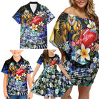 Personalized West Coast Eagles Football Family Matching Off Shoulder Short Dress and Hawaiian Shirt Tropical Hibiscus Flowers - Pacific Fusion Style