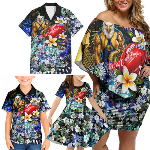 Personalized West Coast Eagles Football Family Matching Off Shoulder Short Dress and Hawaiian Shirt Tropical Hibiscus Flowers - Pacific Fusion Style