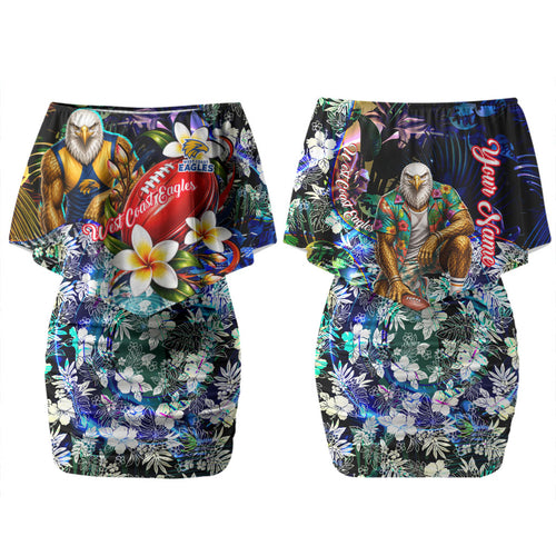 Personalized West Coast Eagles Football Family Matching Off Shoulder Short Dress and Hawaiian Shirt Tropical Hibiscus Flowers - Pacific Fusion Style