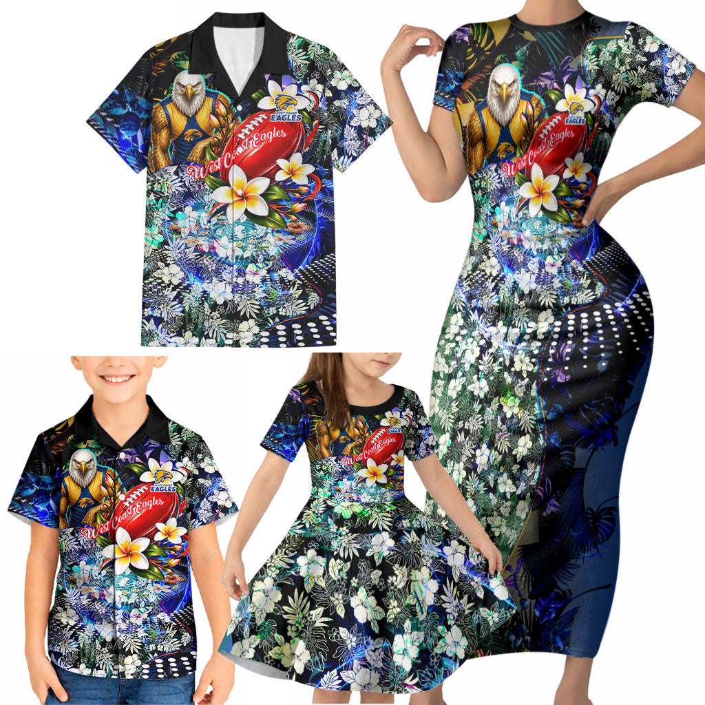 Personalized West Coast Eagles Football Family Matching Short Sleeve Bodycon Dress and Hawaiian Shirt Tropical Hibiscus Flowers - Pacific Fusion Style