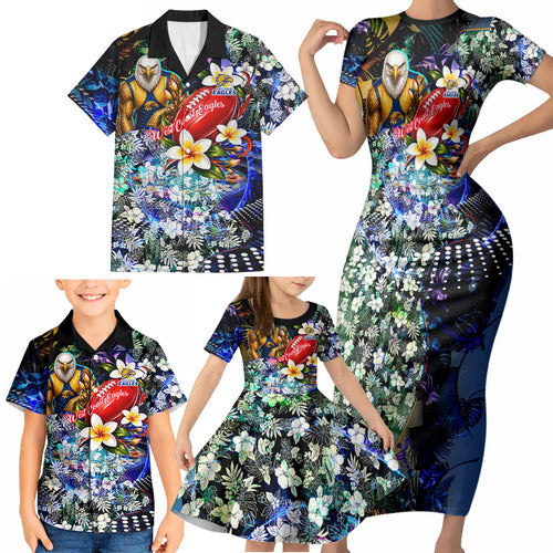 Personalized West Coast Eagles Football Family Matching Short Sleeve Bodycon Dress and Hawaiian Shirt Tropical Hibiscus Flowers - Pacific Fusion Style