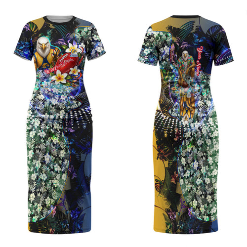 Personalized West Coast Eagles Football Family Matching Short Sleeve Bodycon Dress and Hawaiian Shirt Tropical Hibiscus Flowers - Pacific Fusion Style