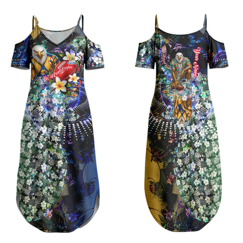 Personalized West Coast Eagles Football Family Matching Summer Maxi Dress and Hawaiian Shirt Tropical Hibiscus Flowers - Pacific Fusion Style