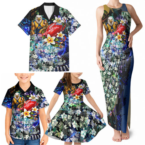 Personalized West Coast Eagles Football Family Matching Tank Maxi Dress and Hawaiian Shirt Tropical Hibiscus Flowers - Pacific Fusion Style