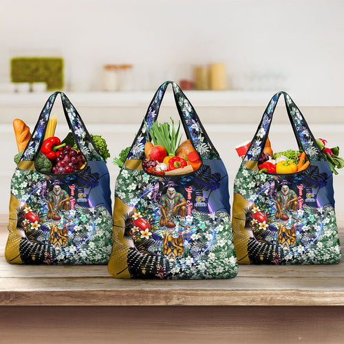 Personalized West Coast Eagles Football Grocery Bag Tropical Hibiscus Flowers - Pacific Fusion Style