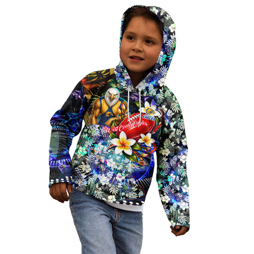 Personalized West Coast Eagles Football Kid Hoodie Tropical Hibiscus Flowers - Pacific Fusion Style
