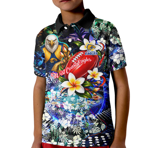 Personalized West Coast Eagles Football Kid Polo Shirt Tropical Hibiscus Flowers - Pacific Fusion Style