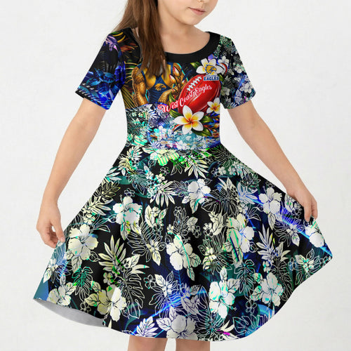 Personalized West Coast Eagles Football Kid Short Sleeve Dress Tropical Hibiscus Flowers - Pacific Fusion Style
