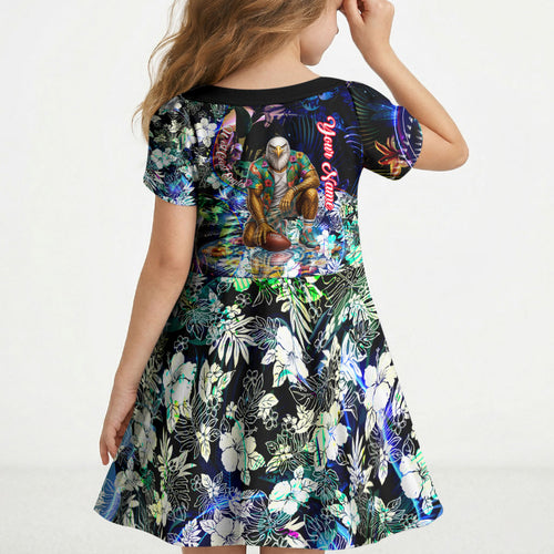 Personalized West Coast Eagles Football Kid Short Sleeve Dress Tropical Hibiscus Flowers - Pacific Fusion Style