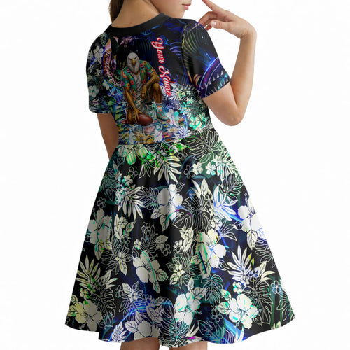 Personalized West Coast Eagles Football Kid Short Sleeve Dress Tropical Hibiscus Flowers - Pacific Fusion Style