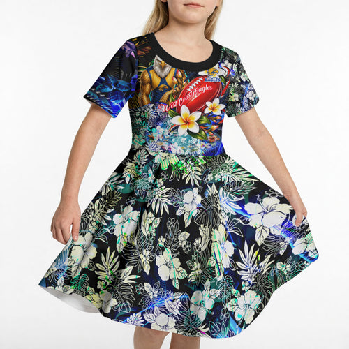 Personalized West Coast Eagles Football Kid Short Sleeve Dress Tropical Hibiscus Flowers - Pacific Fusion Style