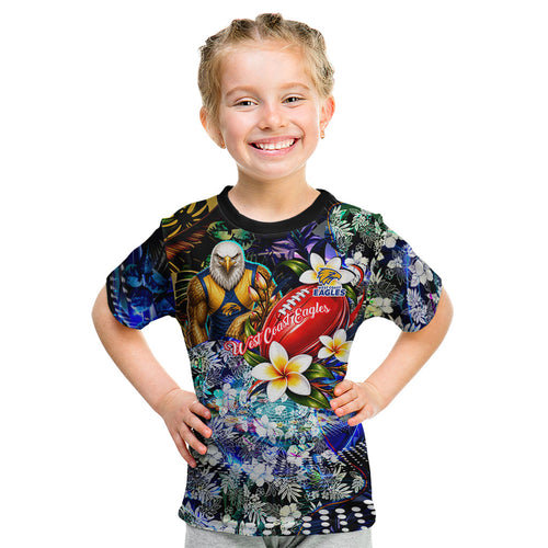 Personalized West Coast Eagles Football Kid T Shirt Tropical Hibiscus Flowers - Pacific Fusion Style