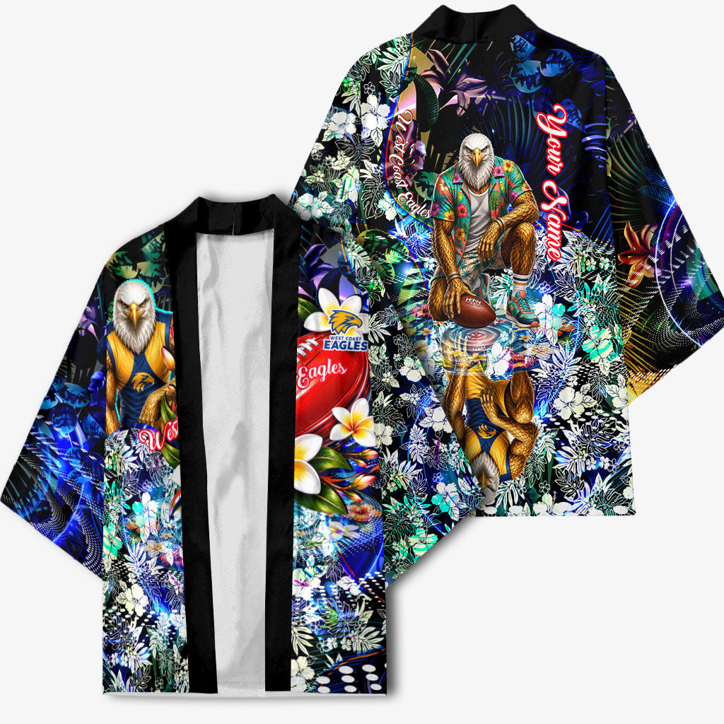 Personalized West Coast Eagles Football Kimono Tropical Hibiscus Flowers - Pacific Fusion Style