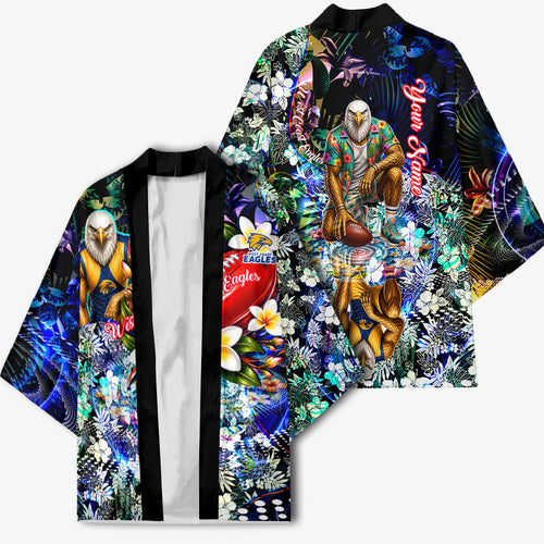 Personalized West Coast Eagles Football Kimono Tropical Hibiscus Flowers - Pacific Fusion Style