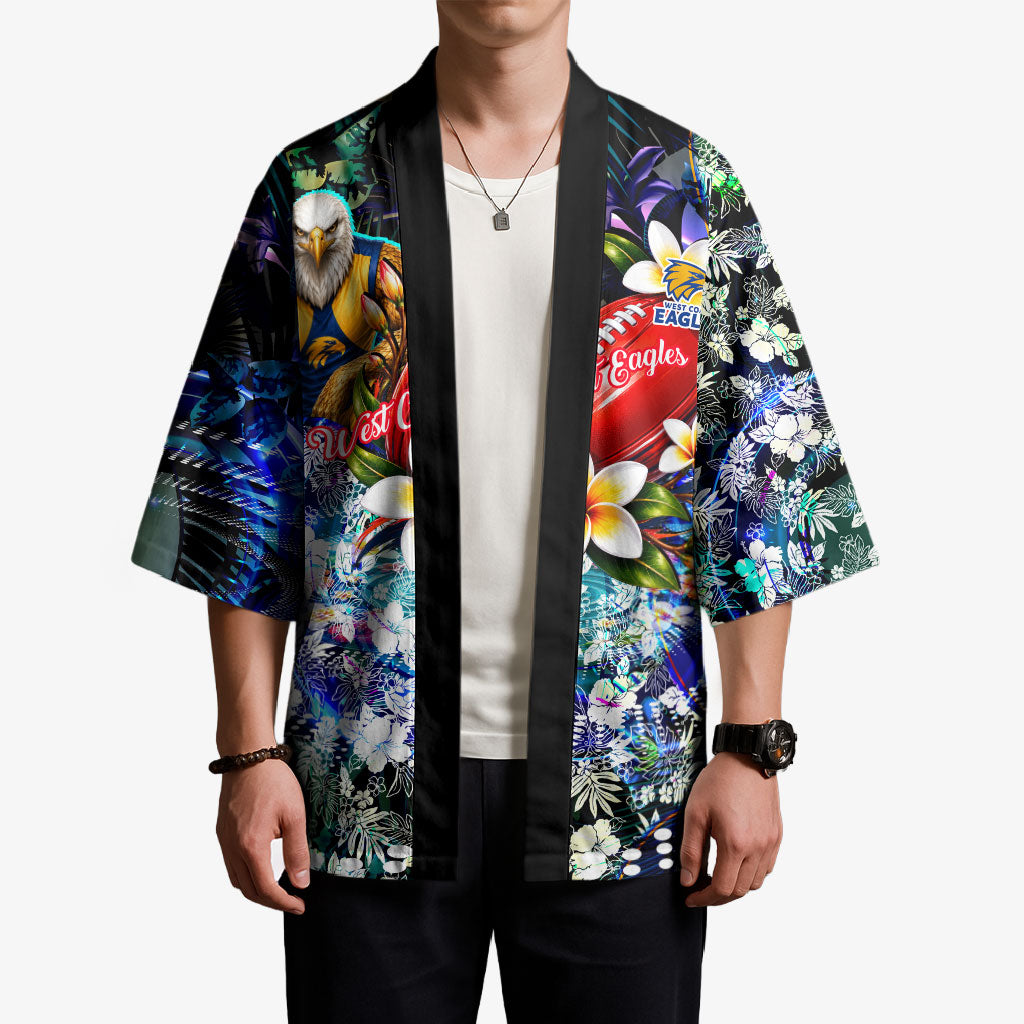 Personalized West Coast Eagles Football Kimono Tropical Hibiscus Flowers - Pacific Fusion Style