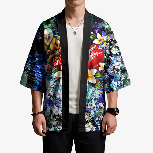 Personalized West Coast Eagles Football Kimono Tropical Hibiscus Flowers - Pacific Fusion Style