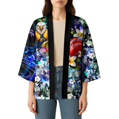 Personalized West Coast Eagles Football Kimono Tropical Hibiscus Flowers - Pacific Fusion Style
