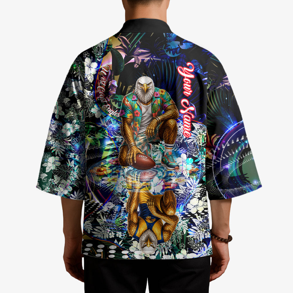 Personalized West Coast Eagles Football Kimono Tropical Hibiscus Flowers - Pacific Fusion Style