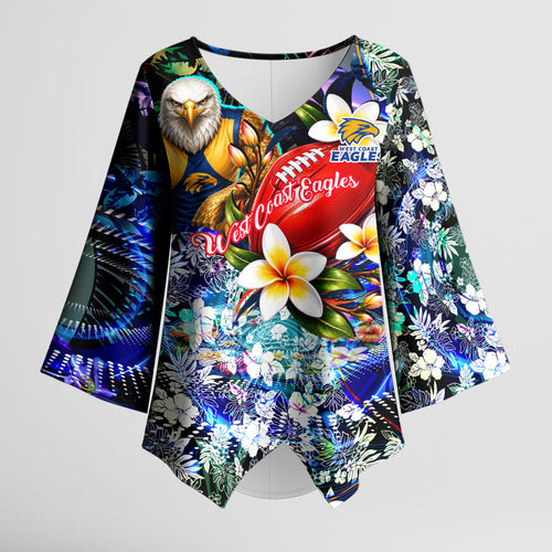 Personalized West Coast Eagles Football Kimono Sleeve Blouse Tropical Hibiscus Flowers - Pacific Fusion Style