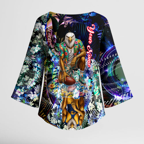 Personalized West Coast Eagles Football Kimono Sleeve Blouse Tropical Hibiscus Flowers - Pacific Fusion Style