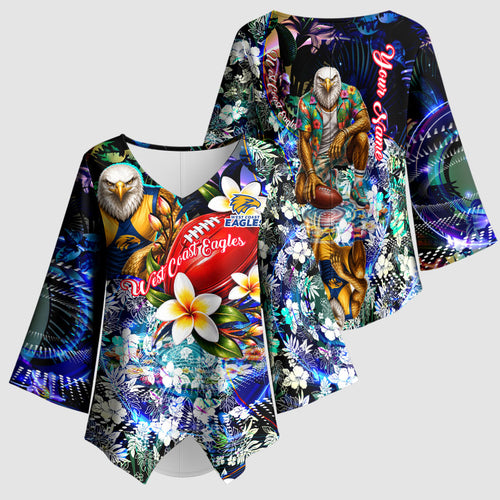 Personalized West Coast Eagles Football Kimono Sleeve Blouse Tropical Hibiscus Flowers - Pacific Fusion Style