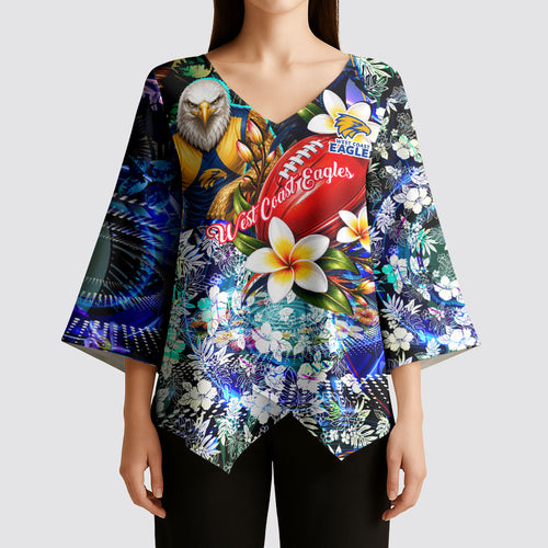 Personalized West Coast Eagles Football Kimono Sleeve Blouse Tropical Hibiscus Flowers - Pacific Fusion Style