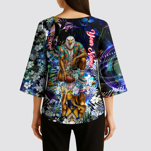 Personalized West Coast Eagles Football Kimono Sleeve Blouse Tropical Hibiscus Flowers - Pacific Fusion Style