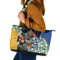 Personalized West Coast Eagles Football Leather Tote Bag Tropical Hibiscus Flowers - Pacific Fusion Style