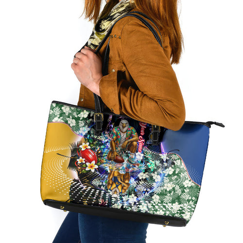 Personalized West Coast Eagles Football Leather Tote Bag Tropical Hibiscus Flowers - Pacific Fusion Style