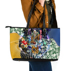 Personalized West Coast Eagles Football Leather Tote Bag Tropical Hibiscus Flowers - Pacific Fusion Style