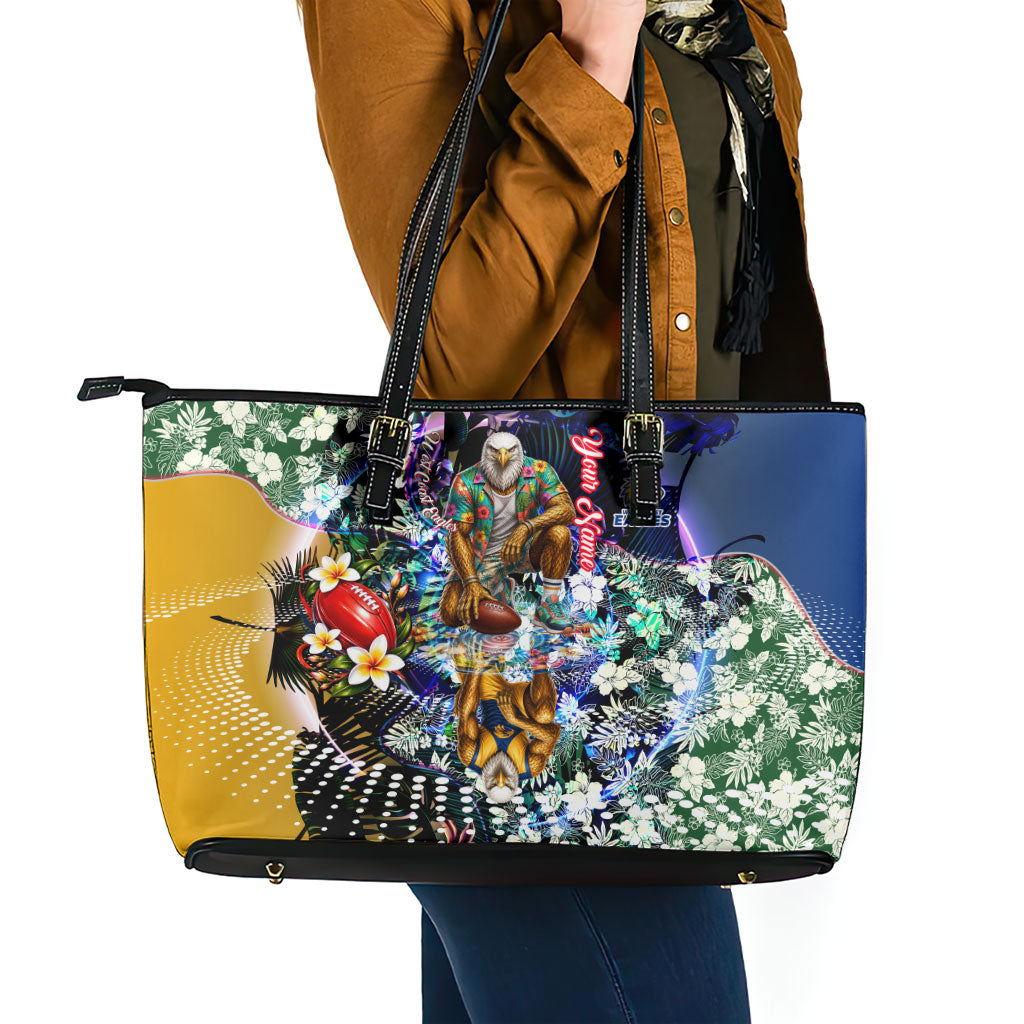 Personalized West Coast Eagles Football Leather Tote Bag Tropical Hibiscus Flowers - Pacific Fusion Style