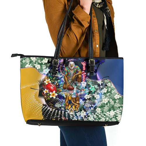 Personalized West Coast Eagles Football Leather Tote Bag Tropical Hibiscus Flowers - Pacific Fusion Style