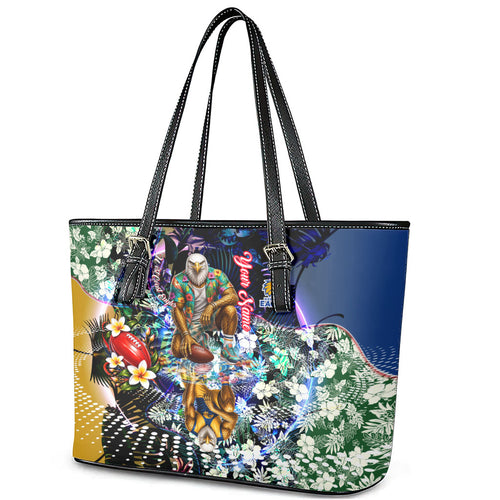 Personalized West Coast Eagles Football Leather Tote Bag Tropical Hibiscus Flowers - Pacific Fusion Style