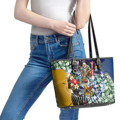 Personalized West Coast Eagles Football Leather Tote Bag Tropical Hibiscus Flowers - Pacific Fusion Style