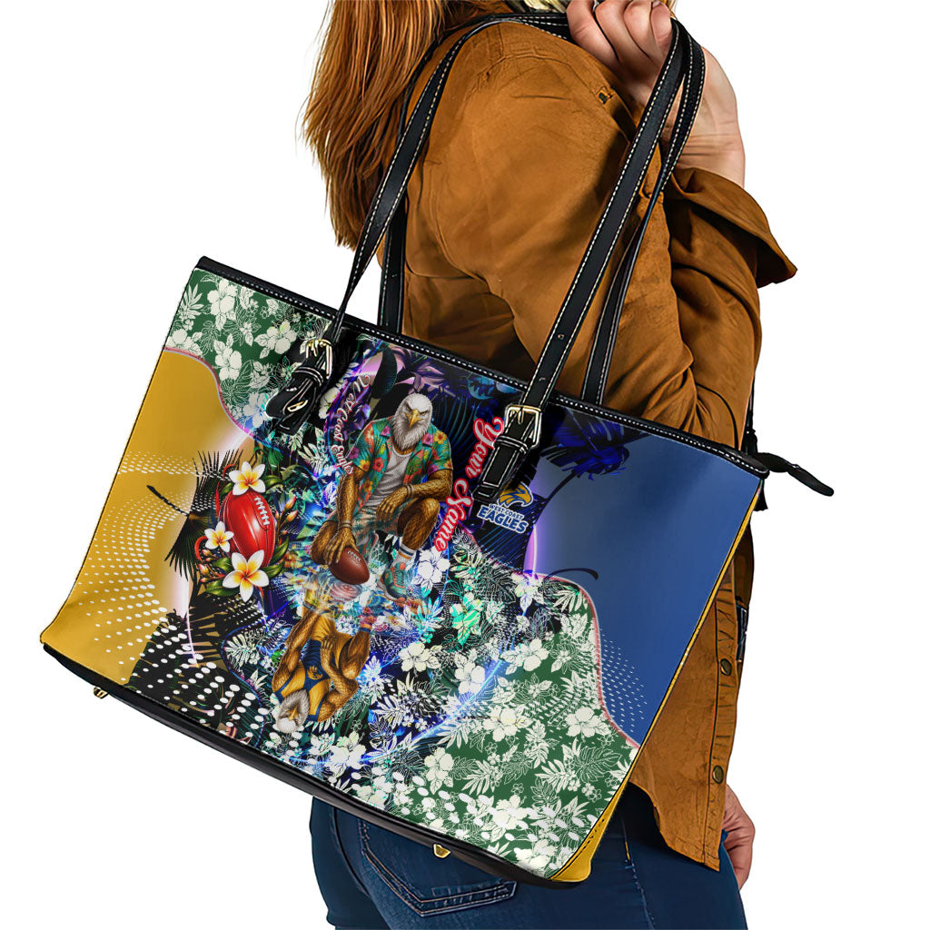 Personalized West Coast Eagles Football Leather Tote Bag Tropical Hibiscus Flowers - Pacific Fusion Style