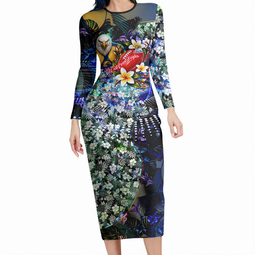 Personalized West Coast Eagles Football Long Sleeve Bodycon Dress Tropical Hibiscus Flowers - Pacific Fusion Style