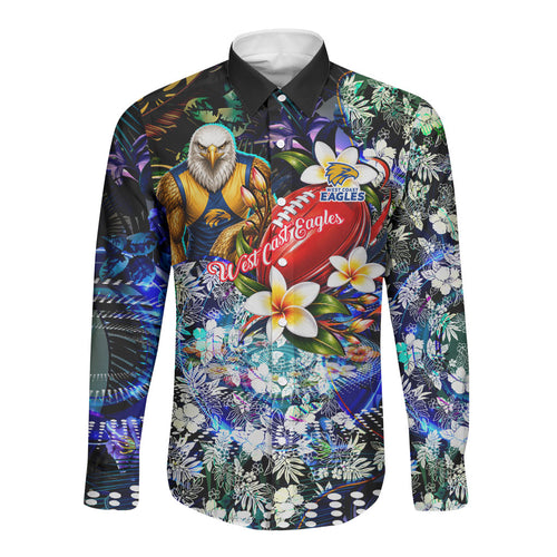 Personalized West Coast Eagles Football Long Sleeve Button Shirt Tropical Hibiscus Flowers - Pacific Fusion Style