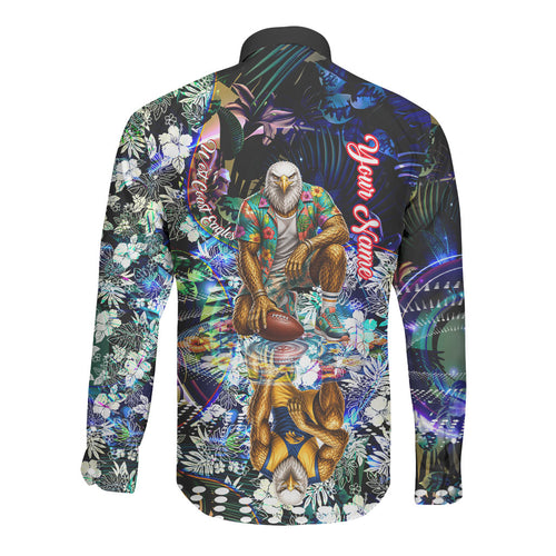 Personalized West Coast Eagles Football Long Sleeve Button Shirt Tropical Hibiscus Flowers - Pacific Fusion Style