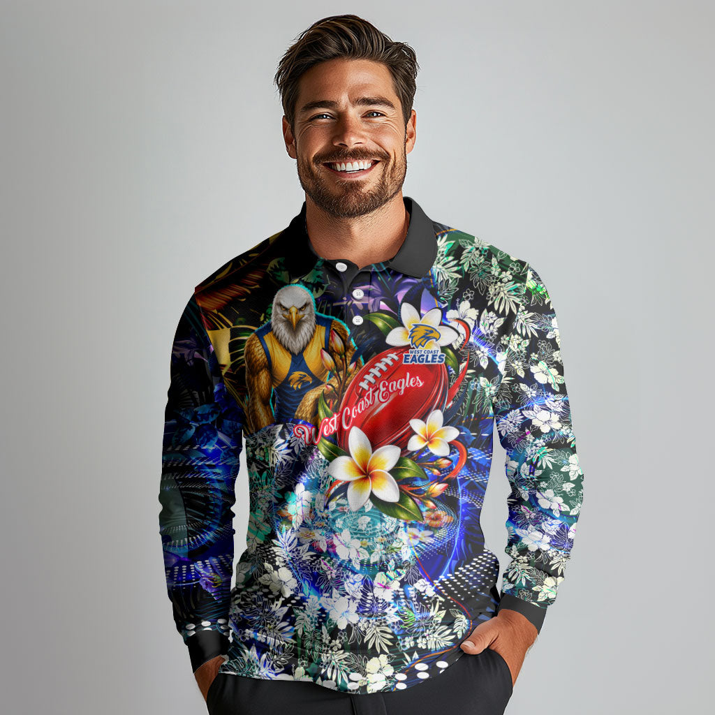 Personalized West Coast Eagles Football Long Sleeve Polo Shirt Tropical Hibiscus Flowers - Pacific Fusion Style