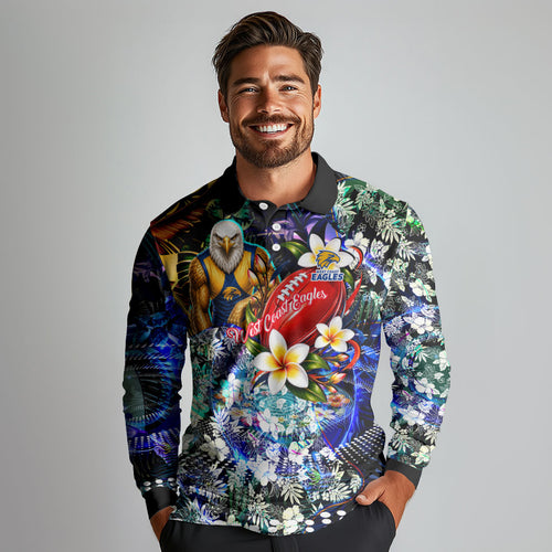 Personalized West Coast Eagles Football Long Sleeve Polo Shirt Tropical Hibiscus Flowers - Pacific Fusion Style