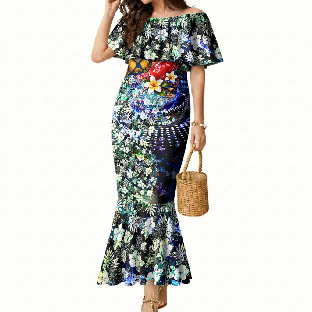 Personalized West Coast Eagles Football Mermaid Dress Tropical Hibiscus Flowers - Pacific Fusion Style
