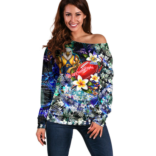 Personalized West Coast Eagles Football Off Shoulder Sweater Tropical Hibiscus Flowers - Pacific Fusion Style