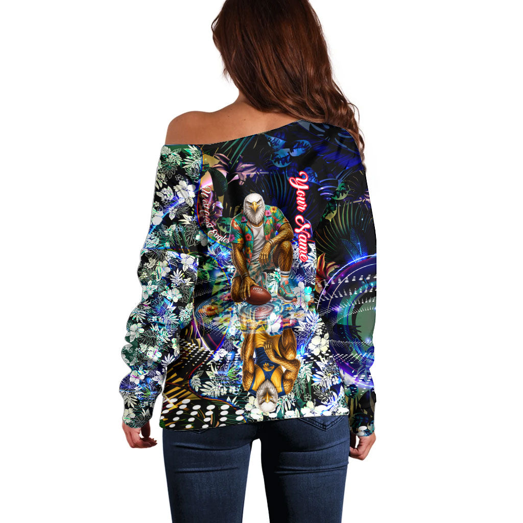 Personalized West Coast Eagles Football Off Shoulder Sweater Tropical Hibiscus Flowers - Pacific Fusion Style