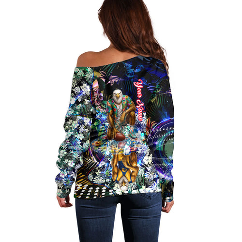 Personalized West Coast Eagles Football Off Shoulder Sweater Tropical Hibiscus Flowers - Pacific Fusion Style